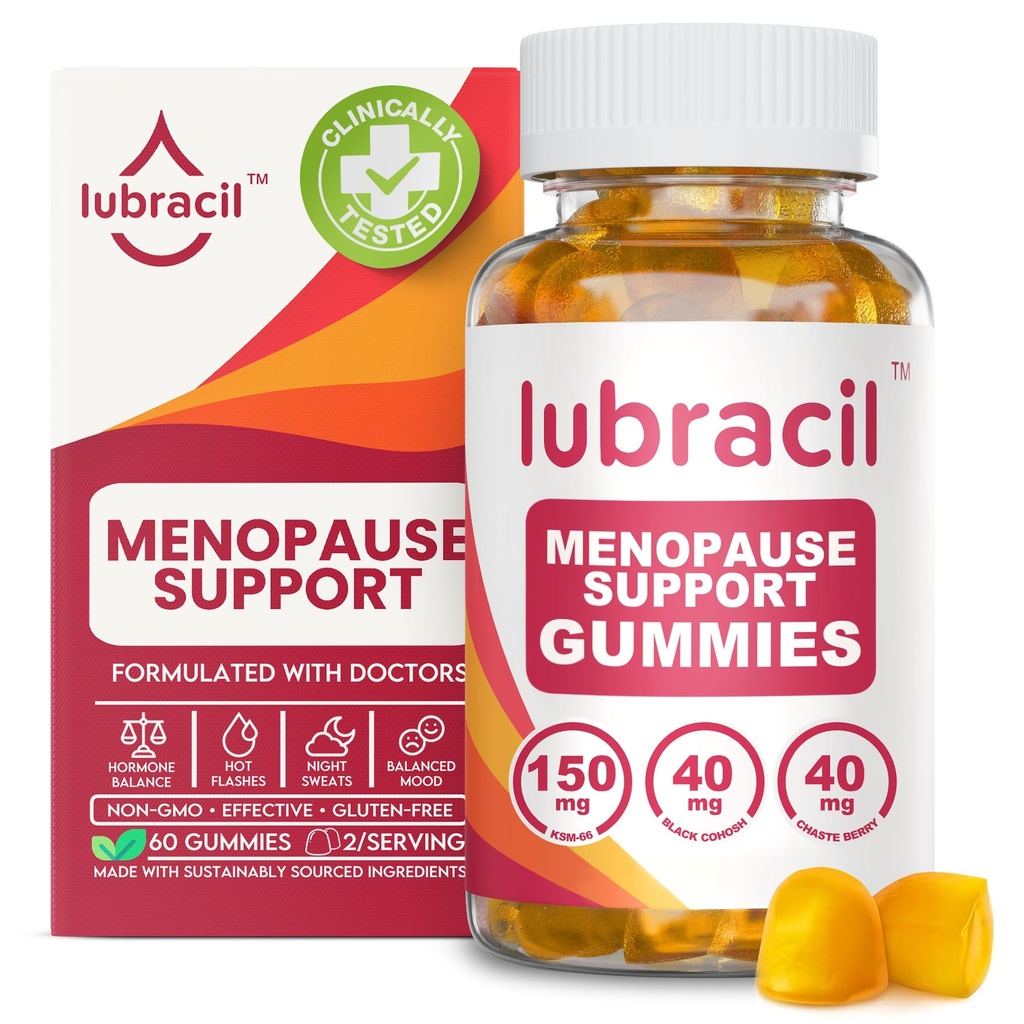 Lubracil Menopause Gummies per le donne - Menopausal Supplements for Hot Flashes, Night Sweats, Mood Swings and Hormonal Balance - Vitamine quotidiane con Black Cohosh & Ashwagandha - 60 Gummies (Pack of 1)