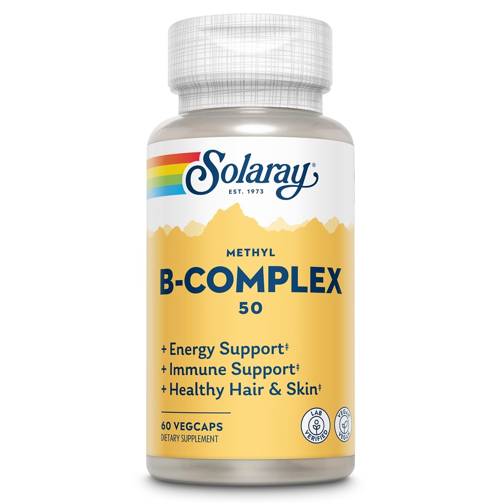SOLARAY Methyl B Complex 50mg - Vitamina B Complex con vitamina B12, B6, B1, acido folico, biotina e altro ancora - Integratori di energia cellulare, Nerve Function Support - Vegan, garanzia di 60 giorni, 60 Serve