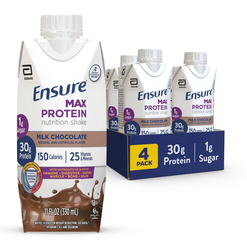 Assicurare Max Protein Milk Chocolate Nutrition Shake | 30g Protein, 1g Sugar, 4g Fiber Blend | 4 Pack