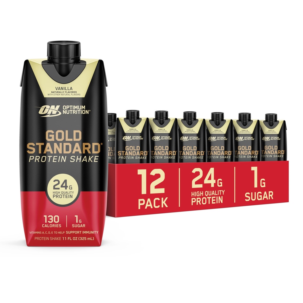 Optimum Nutrition Gold Standard Protein Shake, 24g Protein, Pronti a Bere Protein Shake, Gluten Free, Vitamina C per Supporto Immune, Vanilla, 11 Fl Oz, 12 Count (Pack of 1) (Packaging May Vary)