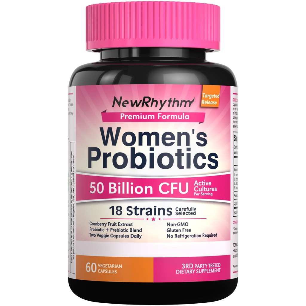 Probiotici per le donne di NewRhythm, mirtillo organico per la salute vaginale delle donne, 50 miliardi di CFU 18 Strains, Probiotici e Prebiotici, Support Digestive Health, 60 capsule vegane