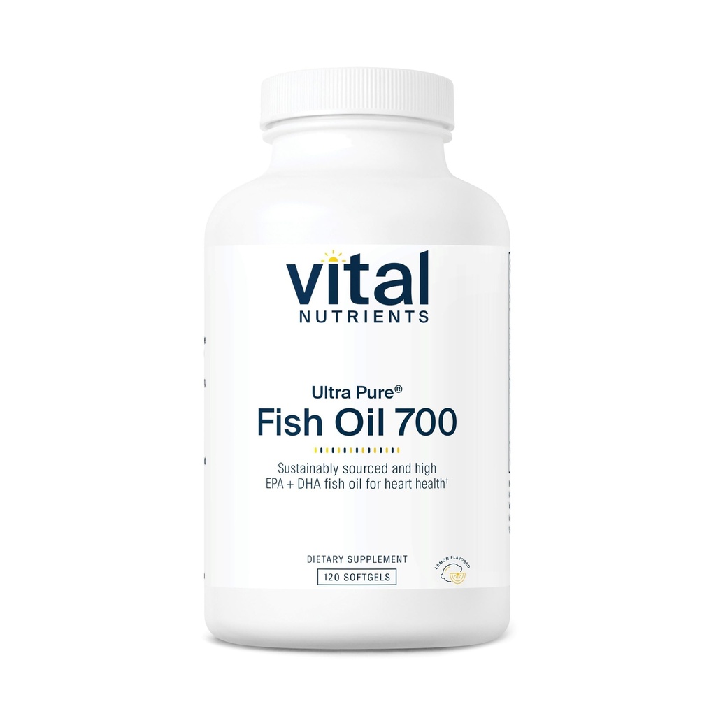 Vital Nutrients Ultra Pure® Fish Oil 700 | Supporta il cuore, il cervello e la salute comune* | Sustainably Sourced High EPA & DHA Omega-3 Grassty Acid | Lemon Flavor | Gluten, Dairy & Soy Free | 120 Softgels