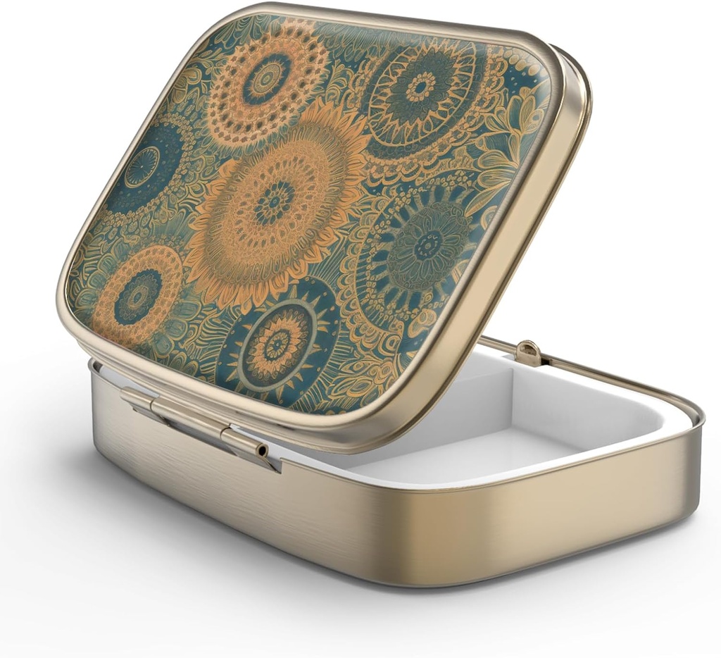 Pillola Case Pill Box con Specchio Retro 2 scomparti Piccolo caso Pillola per Purse o Pocket Bronze Box o Vitamine, Olio di Pesce, Supplementi, Pillola Containe Regali di viaggio(Retro Mandala)