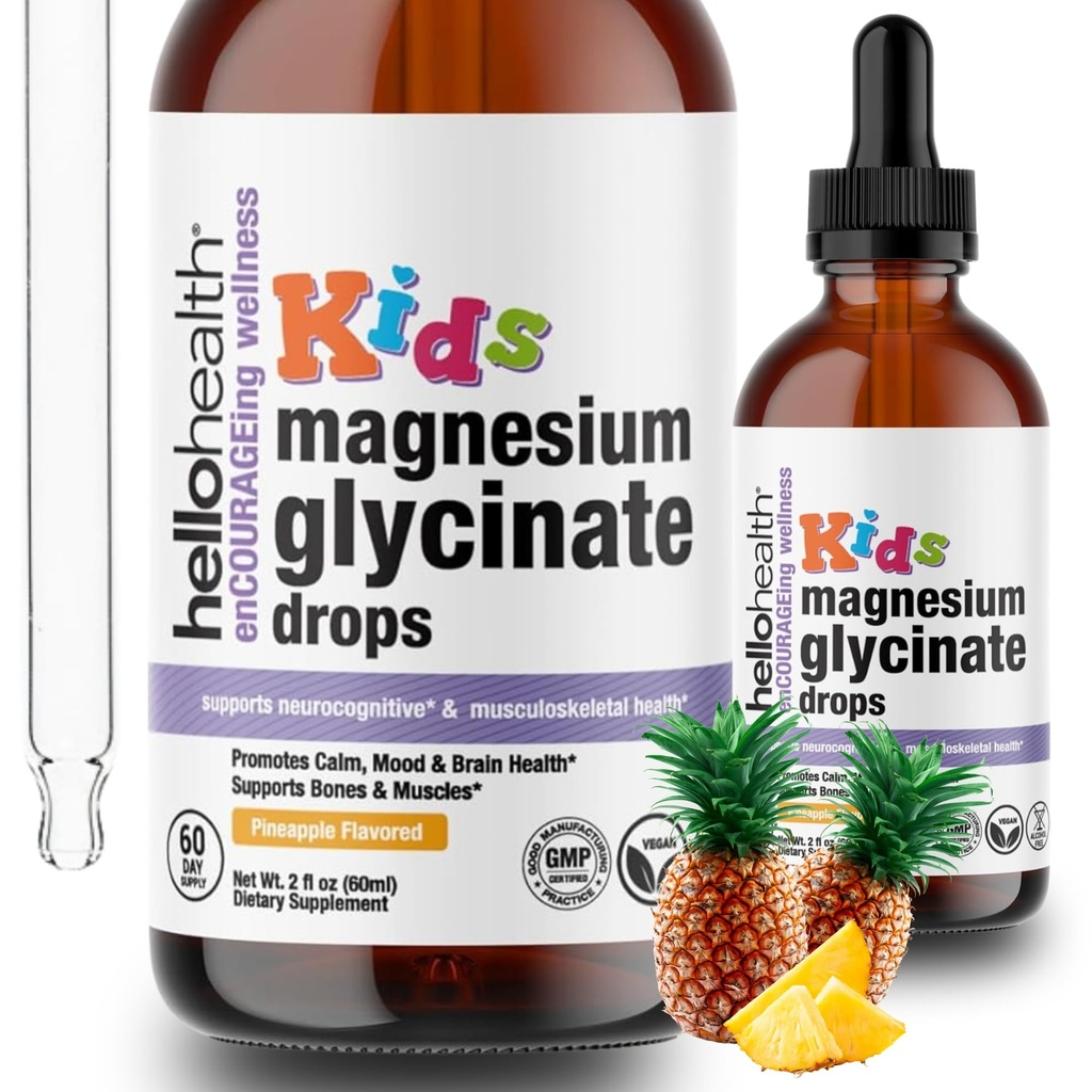 Gocce liquide di glicinato dei bambini – Gocce di magnesio liquido senza zucchero, calma felice per i bambini Complesso di supplemento calmante – Magnesio per i bambini e sonno notturno, aroma di ananas 2 Fl Oz.