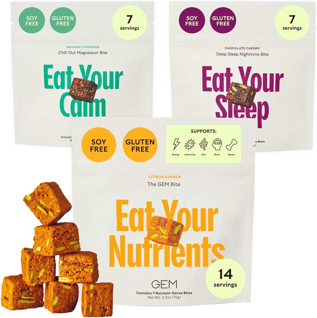 GEM Bite Complete Routine Variety Pack with Daily Multivitamin (14 Bites), Chill-Out Calm (7 Chews) & Deep Sleep Aid (7 Chews) | Supporti Gut, Skin, Brain, Bone, Sonno, Immunità
