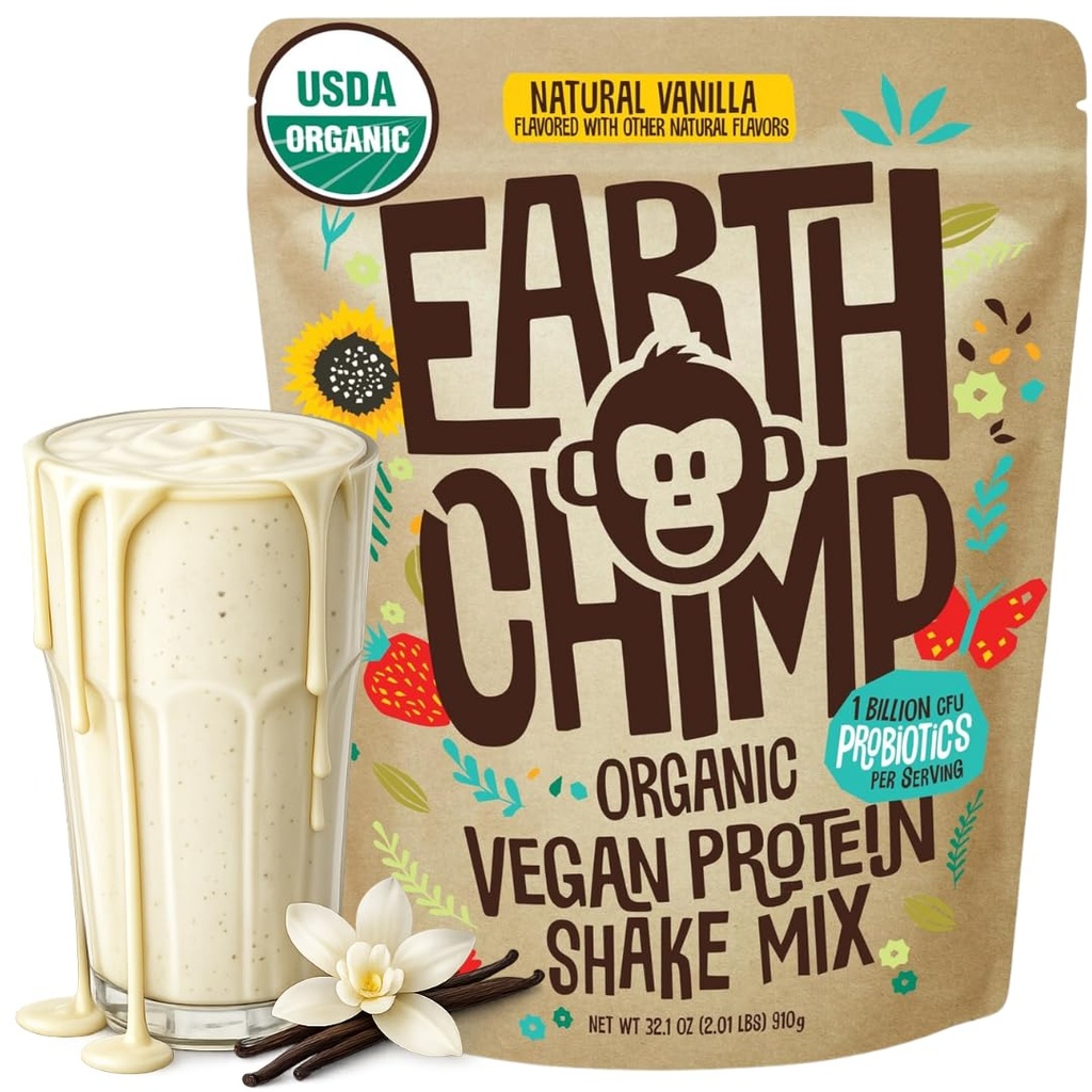 TerraChimp Organic Vegan Protein Powder - con Probiotici - Non OGM, Dairy Free, Non Whey, Polvere proteica a base vegetale per le donne e gli uomini, senza glutine - 26 Servings 32 Oz (Vanilla)