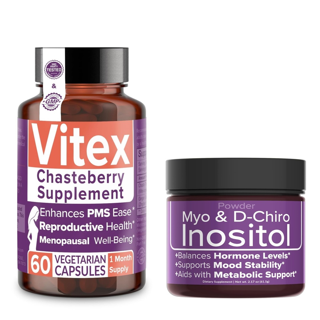 Risparmiate il 10% sul bilanciamento ormonale & benessere riproduttivo Bundle – Vitex Chasteberry Supplement + Myo & D-Chiro Inositol Powder per PCOS & supporto mestruale