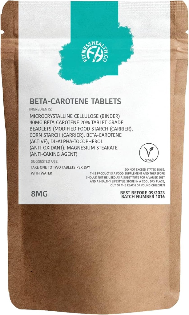 Fitness Health Beta-Carotene 8MG 120 compresse - Pure Source of Vitamin A - Healthy Skin & Resistant System - Tanning Accelerator - Gluten & GMO-Free