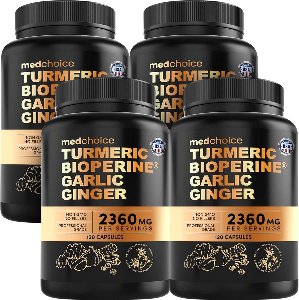 4-in-1 Integratori Turmeri e Aglio con BioPerine – 2360mg Turmeric Ginger Root Capsule con Aglio – Alto Potency Herbal Blend (120 ct, Pack of 4)