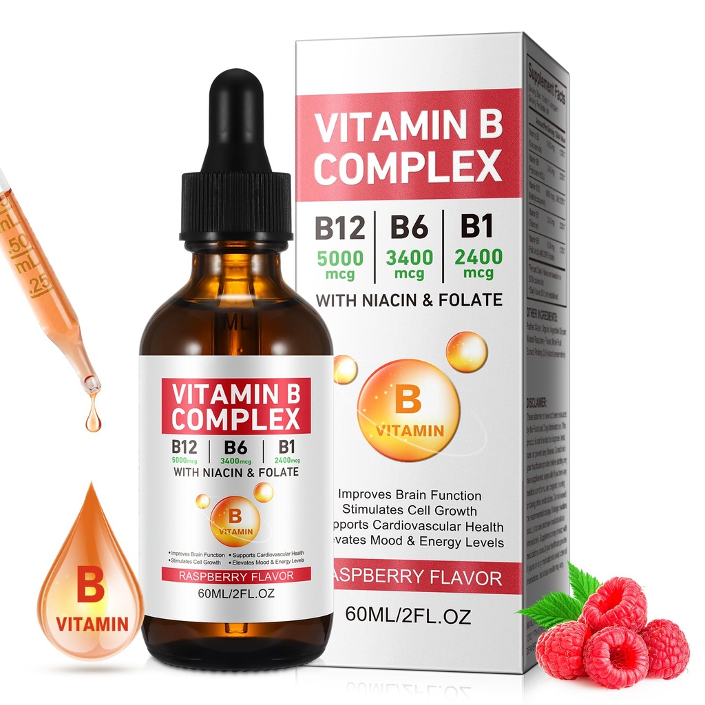 Vitamina B Complex Liquid, Vegan Vitamin B12 Liquid Drops | B12 Methylcobalamin | B1 Thiamine | B6 Pyridoxine | Folic | Niacin - B Complex Liquid Drops, Support Energy, Brain & Heart, 40 Servings