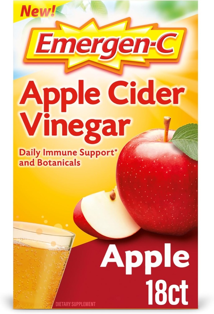 Emergen-C Aceto di sidro di mele vitamina C Fizzy Drink Mix, Integratore alimentare per il supporto immunitario, Mela - 18 Conte