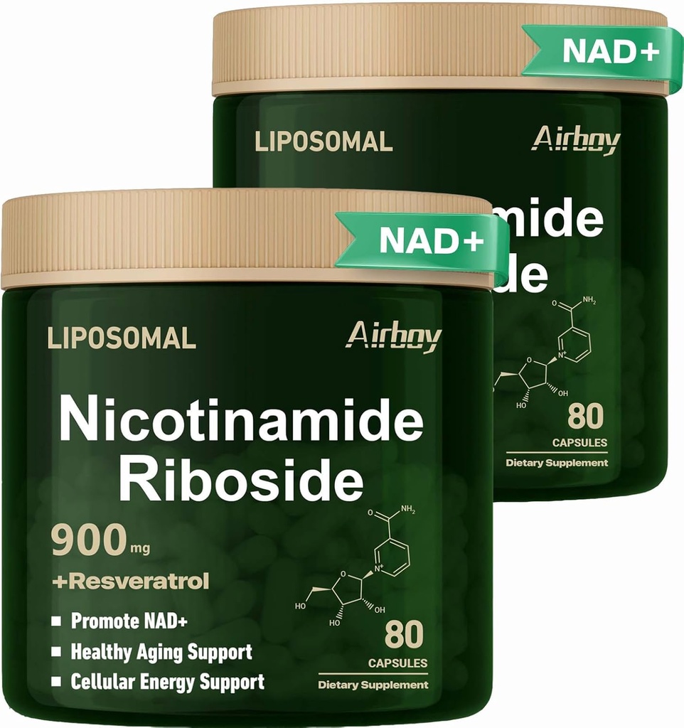 Airboy Liposomal Nicotinamide Riboside 900 mg, NAD Supplemento con Resveratrolo,NMN Alternative NAD Booster Supporto Antiinvecchiamento, Energia, Focus - 80 Capsulex 2 Pack