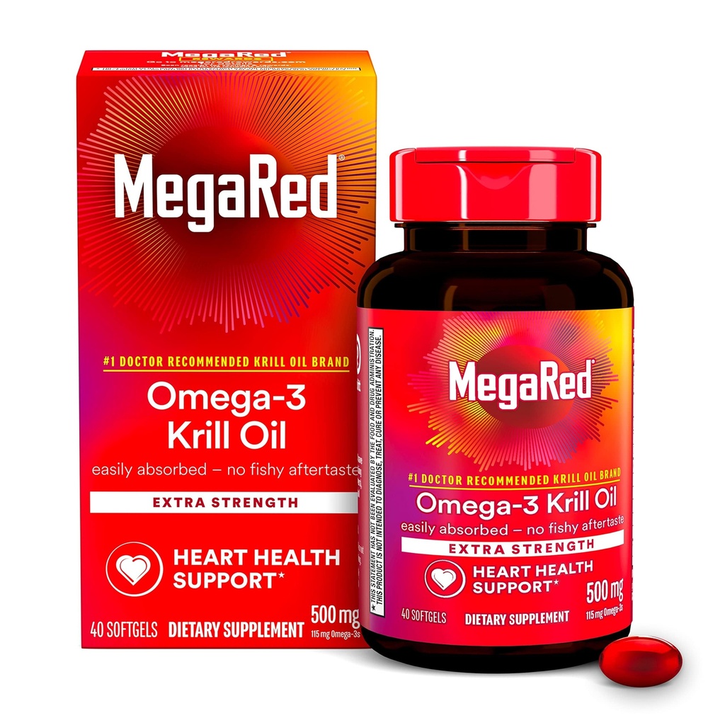 MegaRed Omega-3 Krill olio 500mg Extra Forza softgels (40 conteggio in una scatola) - Krill olio senza pesce Aftertaste