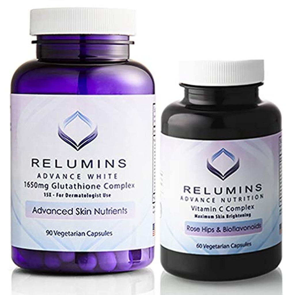 Relumins Advanced White Set - 1650mg Glutathione Complex (90 capsule) e Advanced Vitamin C con Rose HIPS e Bioflavonoids (60 capsule) Bundle