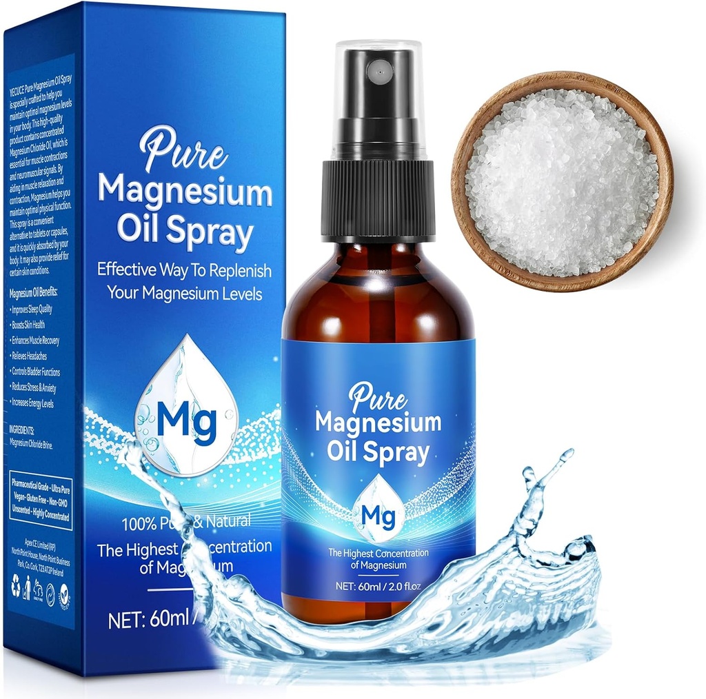 Olio di Magnesio Spray, Olio di Magnesio Puro per Piedi, Bottiglia di vetro di Magnesio naturale e organico, Facile da assorbire e usare, Spruzzo di Magnesio Topico (2 Fl Oz, Confezione di 1)