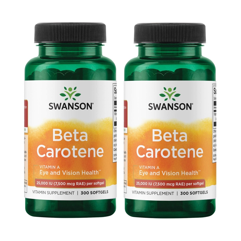 Swanson Beta-Carotene Vitamina A 25000 IU Skin Eye Immune System Health Antiossidante Support 7500 mcg 300 Softgels Count (2 Pack)