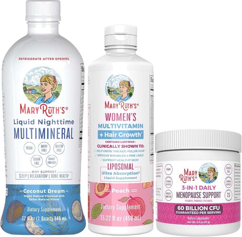MaryRuth Organics MultivitaminLustriva Donna Crescita dei capelli, Supporto di menopausa, & Daily Liquid Multimineral, 3-Pack Bundle per il sostegno dei capelli, Salute della pelle, Supporto immunitario, Salute del fegato e supporto del sonno