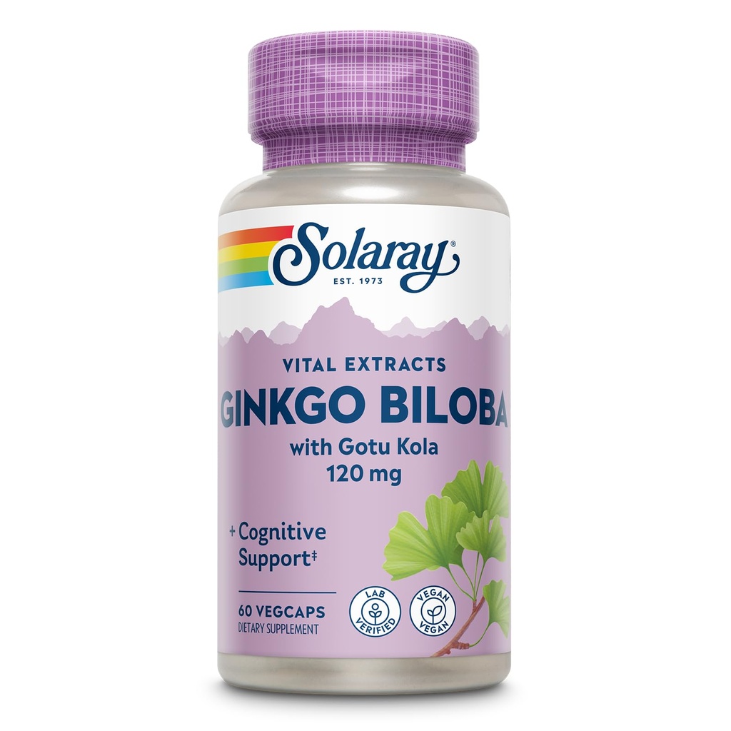 Estratto di SOLARAY Ginkgo Biloba con Gotu Kola - Ginko Biloba Capsules per il supporto della salute del cervello - Vegan, Lab Verificato, 60 giorni Garanzia - 60 Serve, 60 VegCaps (60 VegCaps)