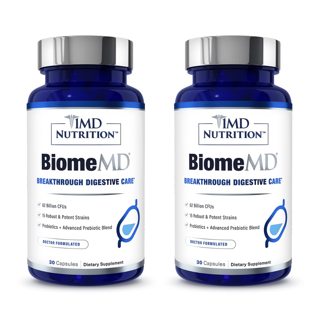 Probiotici 1MD Nutrition BiomeMD | 62 miliardi di CFU, 15 Strains Comprehensive - Pro & Prebiotics | Medico-Formulato per la Salute Digestiva & Supporto Immune | 60 capsule