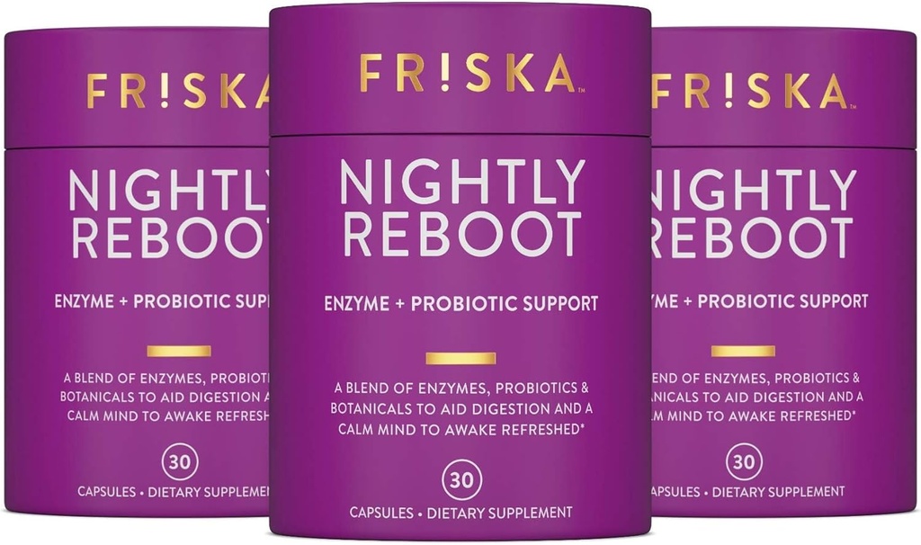 FRISKA Nightly Reboot Enzyme and Probiotics Supplement, promuove una migliore digestione e sonno, supporta la salute del fegato per gli uomini e le donne, la melatonina, la camomilla, 90 capsule