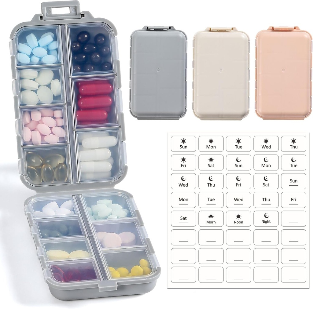 LANDNEOO 14 Grids Pill Organizer Box con etichette, Travel Farmer Dispenser Case Kit, Pocket Daily Pharmacy Container per Fish Oil Vitamin Supplement Storage, Khaki Pink Grey, 3 Pack
