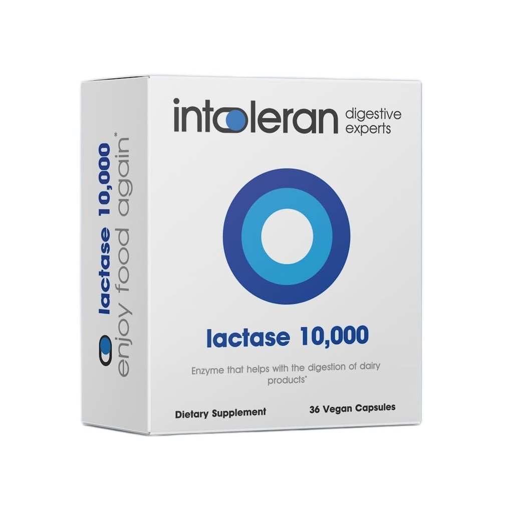 Intoleran Lactase 10.000 enzimi digestivi - 36 capsule | Supplemento per l'intolleranza al lattosio | Lactase Enzyme che aiuta la digestione della lattice & Lactose | High Dosed & Fast Acting | Pure & Vegan | Low FODMAP