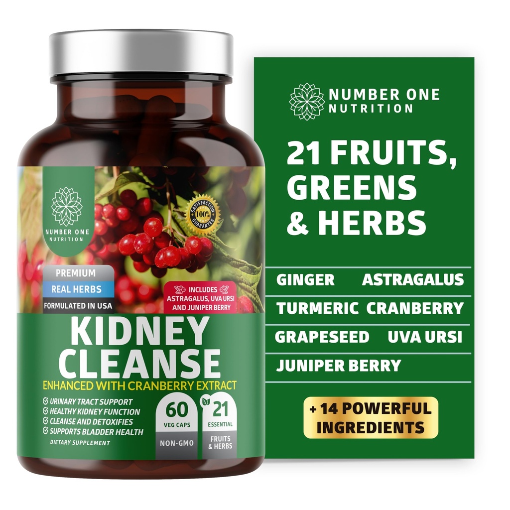N1N Premium Kidney Cleanse [21 Potent Herbs] per il controllo del tratto urinario e della vescica, supporto naturale del rene con estratto di mirtillo, Astragalus e Uva Ursi Leaf, 60 tappi di veg