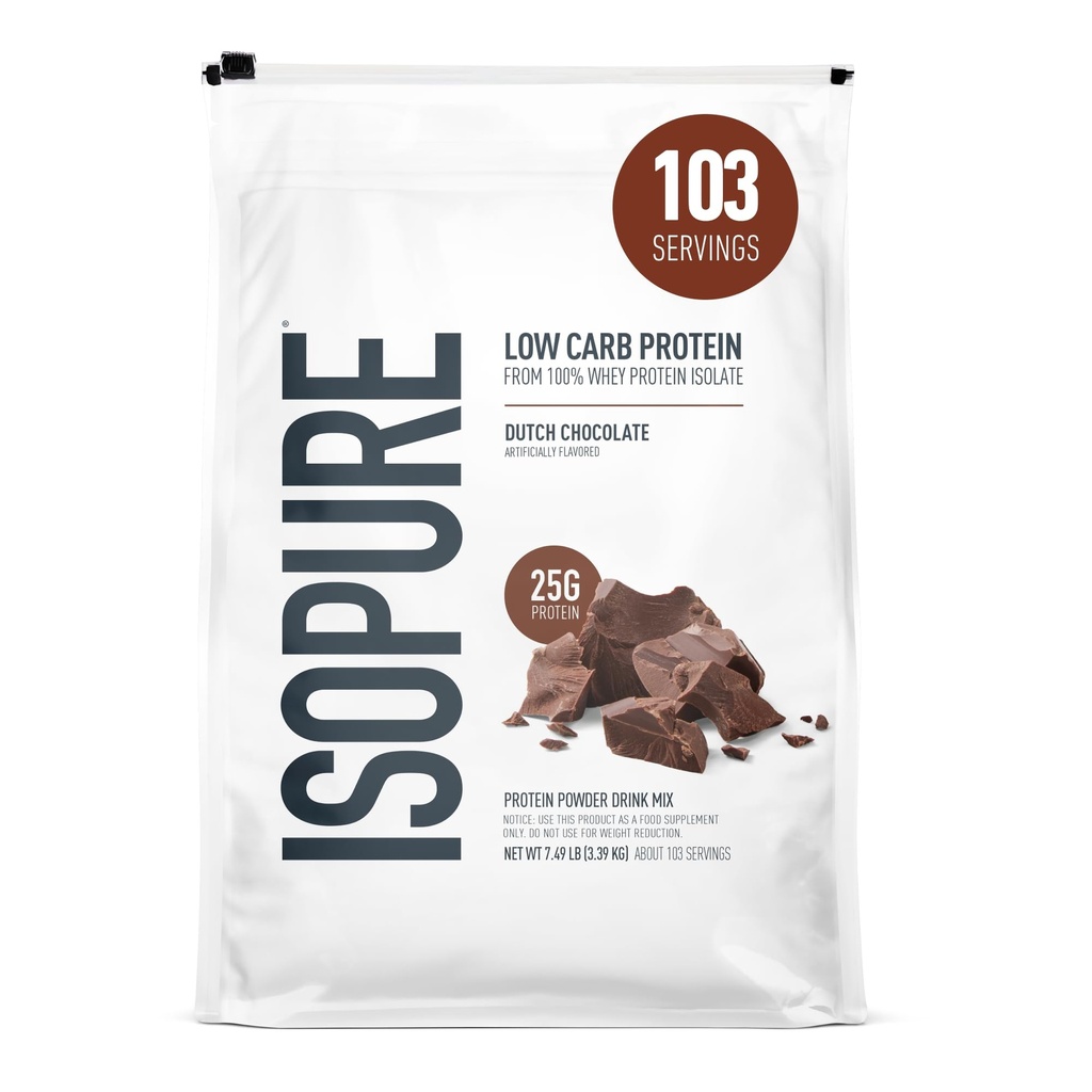 Isopure basso carb 100% polvere di proteine isolate di siero puro, senza lattosio, senza glutine, con vitamine, cioccolato olandese, 25g Protein Per Serving, 7,5 Lbs, 103 Servings (Packaging May Vary)