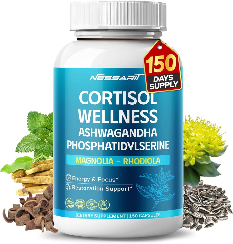 CORTISOL Wellness Ashwagandha 14-in-1 Miscela naturale con Phosphatidylserine Magnolia Rhodiola St. John's Wort Peppermint Bacopa - 150 Count - Made & Tested in the USA