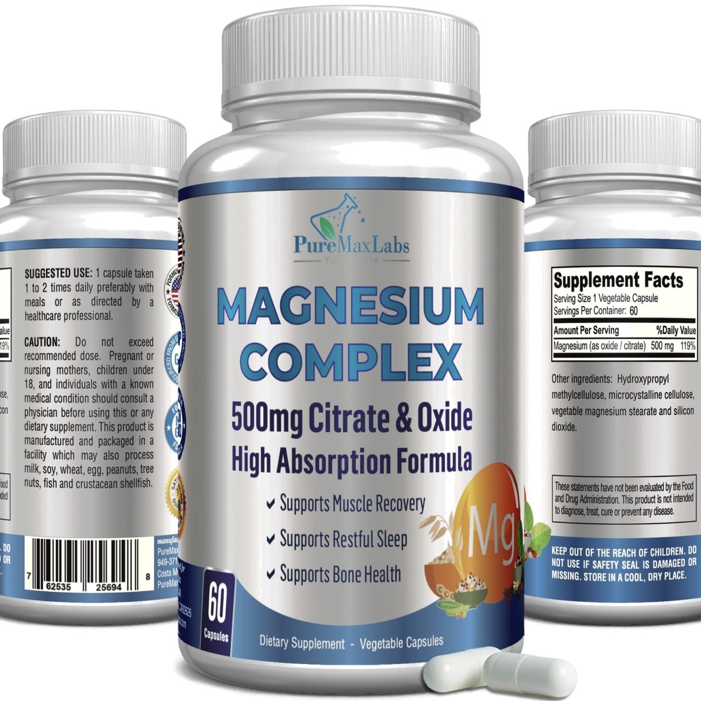 Alto assorbimento Magnesio Citrato Complesso 500mg Magnesio Citrato & Ossido – Supporta il sonno calmo, Muscolo Ceppo Rilievo, Recupero Muscolare, Teeth & Bones sani, Non-GMO – 60 capsule vegetali