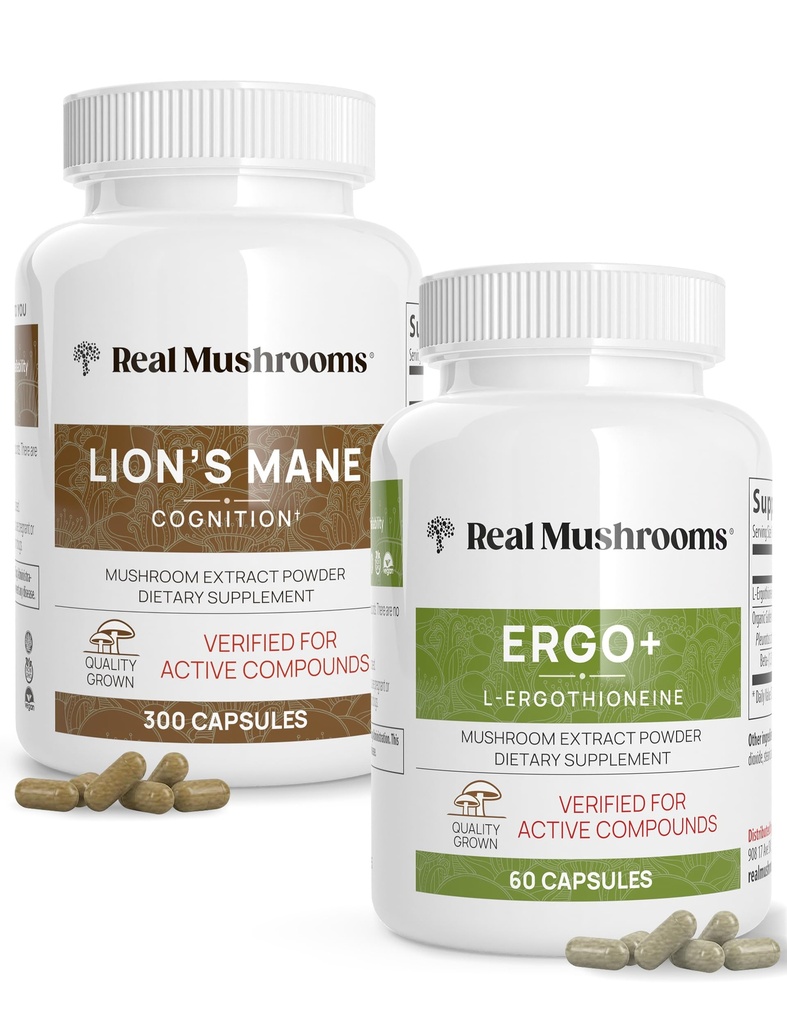 Real Mushrooms Ergothioneine (60ct) e Lions Mane (300ct) Bundle con Shiitake e Oyster Mushroom Extracts - Longevità e Cognizione - Vegan, Gluten Free, Non-GMO - Supporto naturale per l'invecchiamento sano