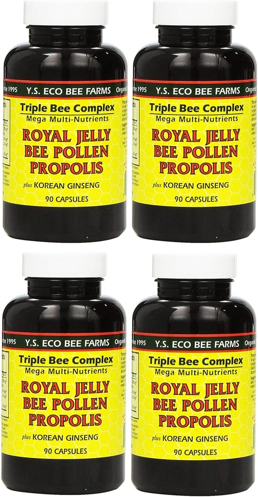 Y.S. Eco Bee Farms, (4 Pack) Royal Jelly, Bee Pollen, Propolis, Plus Korean Ginseng, 90 Capsule
