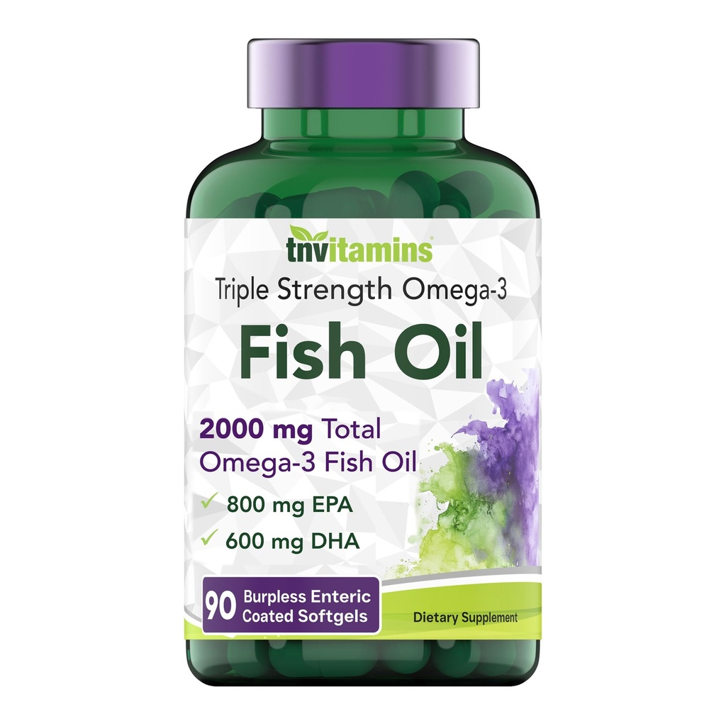 tnvitamins Burpless Omega-3 Fish Oil: 2000mg - 90 Softgels | 1400mg Totale Omega-3 acidi grassi (800mg EPA & 600mg DHA) | Enteric Coated Burpless Ultra Potent Fish Oil | Supporta la salute del cuore