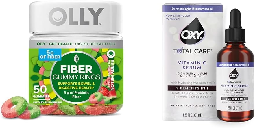 OLLY Fibra Gummy Rings 50ct + Oxy Total Care Idratazione del siero di vitamina C per il supporto digestivo, pelle più chiara
