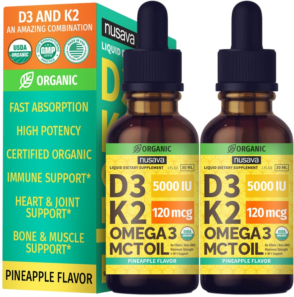 (2 Pack) Vitamina organica D3 K2 Gocce con olio MCT Omega 3, massima resistenza vitamina D liquido 5000 IU, senza filler, liquido non OGM D3 per assorbimento più veloce e supporto immunitario (Pineapple, 2 Fl Oz)