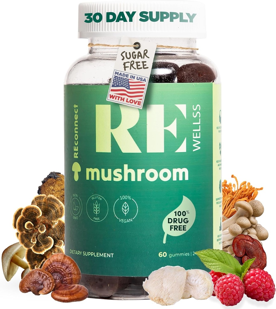 Super Mushroom Gummies I Sugar Free Organic Daily I Chaga Cordyceps Lions Mane Maitake Shiitake Turchia Tail Reishi | Integratori per il supporto cognitivo e immunitario Focus Energy Stress Mood
