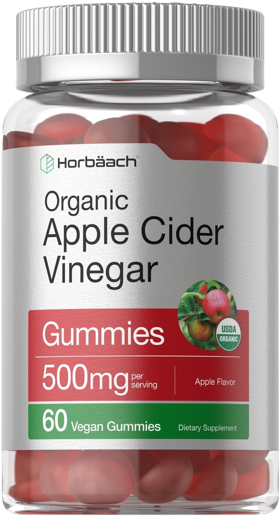 Horbäach Organic Apple Cider Vinegar Gummies | 60 Gummies | Vegan, Non OGM & Gluten-Free Supplement | USDA Organic ACV | Apple Flavor