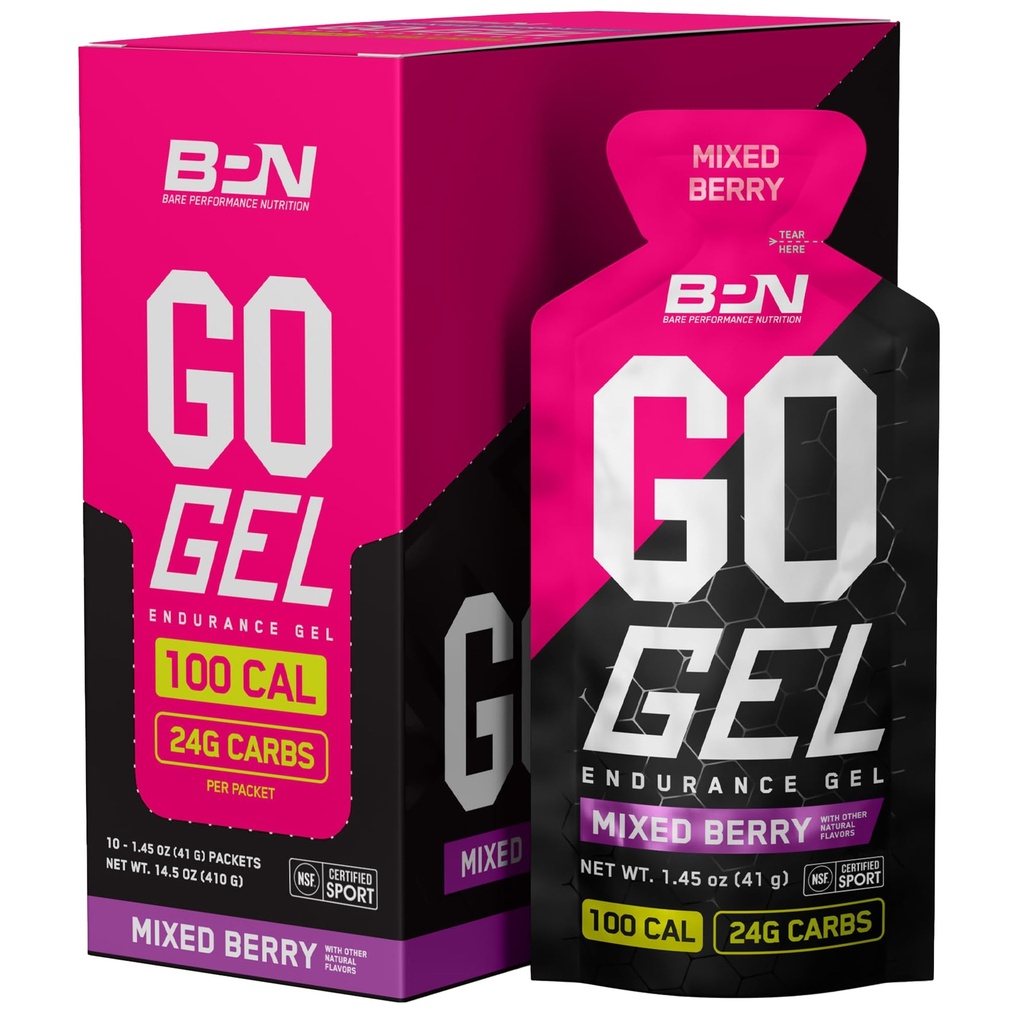BARE PERFORMANCE NUTRITION, BPN Go Gel Endurance, 24g di carboidrati & 100 Calorie per confezione, Vegan + Gluten Free Running Gel, 10 Single-Serving Pack, Bacche miste