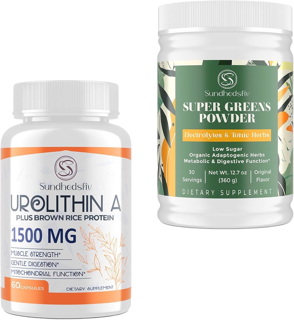 Urolitina Un supplemento 1500MG Plus Proteine di riso marrone + Super Greens Polvere Superfood Supplemento con elettroliti & erbe toniche