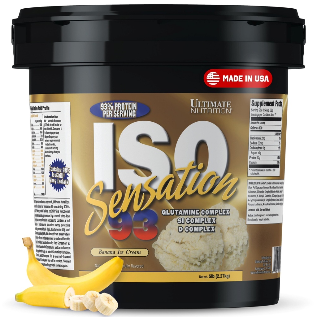 Ultimate Nutrition Whey Protein Isolate Powder with Glutamine Complex, ISO Sensation 93 - Whey Protein Powder with Aggiunto Colostrum for Enhanced Recovery, Immunity & Gut Health - Banana, 5lbs