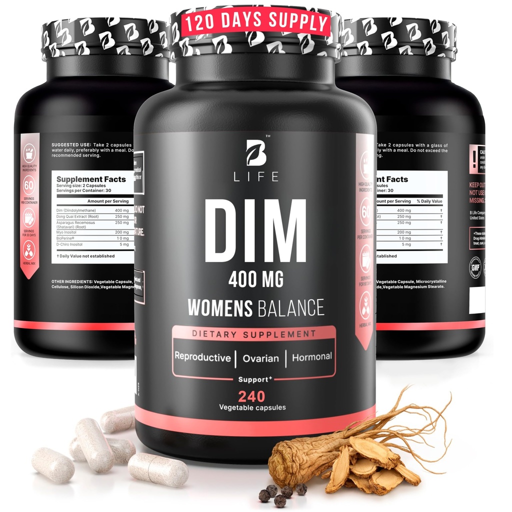 Supplemento DIM 400 mg con Myo & D-Chiro Inositol, Dong Quai - PCOS Supplementi – Equilibrio dell'ormone per le donne – Integratori della fertilità – Integratore dell'inositolo - 240 Caps