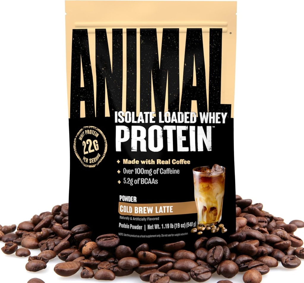 Animal Whey Protein Coffee Powder, caricato con 22g di proteine, 100 mg di caffeina, e BCAA per il recupero del muscolo pre e post allenamento con enzimi digestivi per gli uomini e le donne, Cold Brew Latte, 1 lb