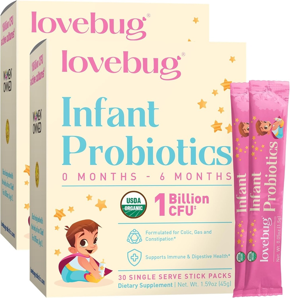 LOVEBUG Infant Probiotici 0-6 Mesi - Probiotici organici USDA per i bambini, Supporti Baby Gas, Colic, Diarrea e Rilievo di costipazione neonato, Allergeni & Sugar Free, Polvere senza gusto, 60 Pack