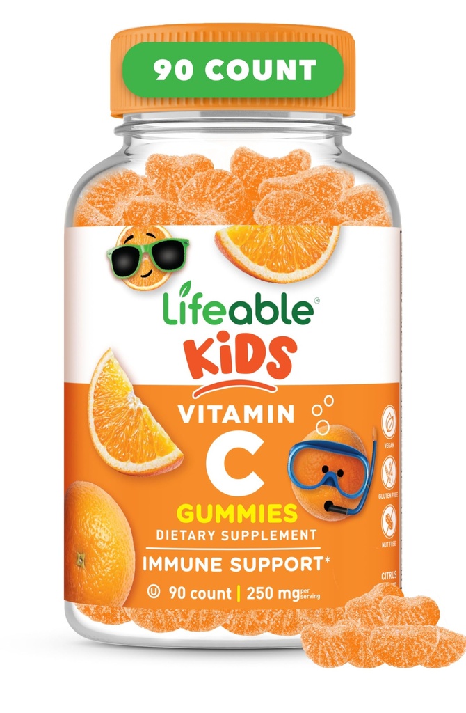 Gummie di vitamina C dei bambini vitali | 250mg | Grande degustazione VIT C | Vegan GMO-Free Vitamin C Chewable | per il supporto immunitario | 90 Gummies