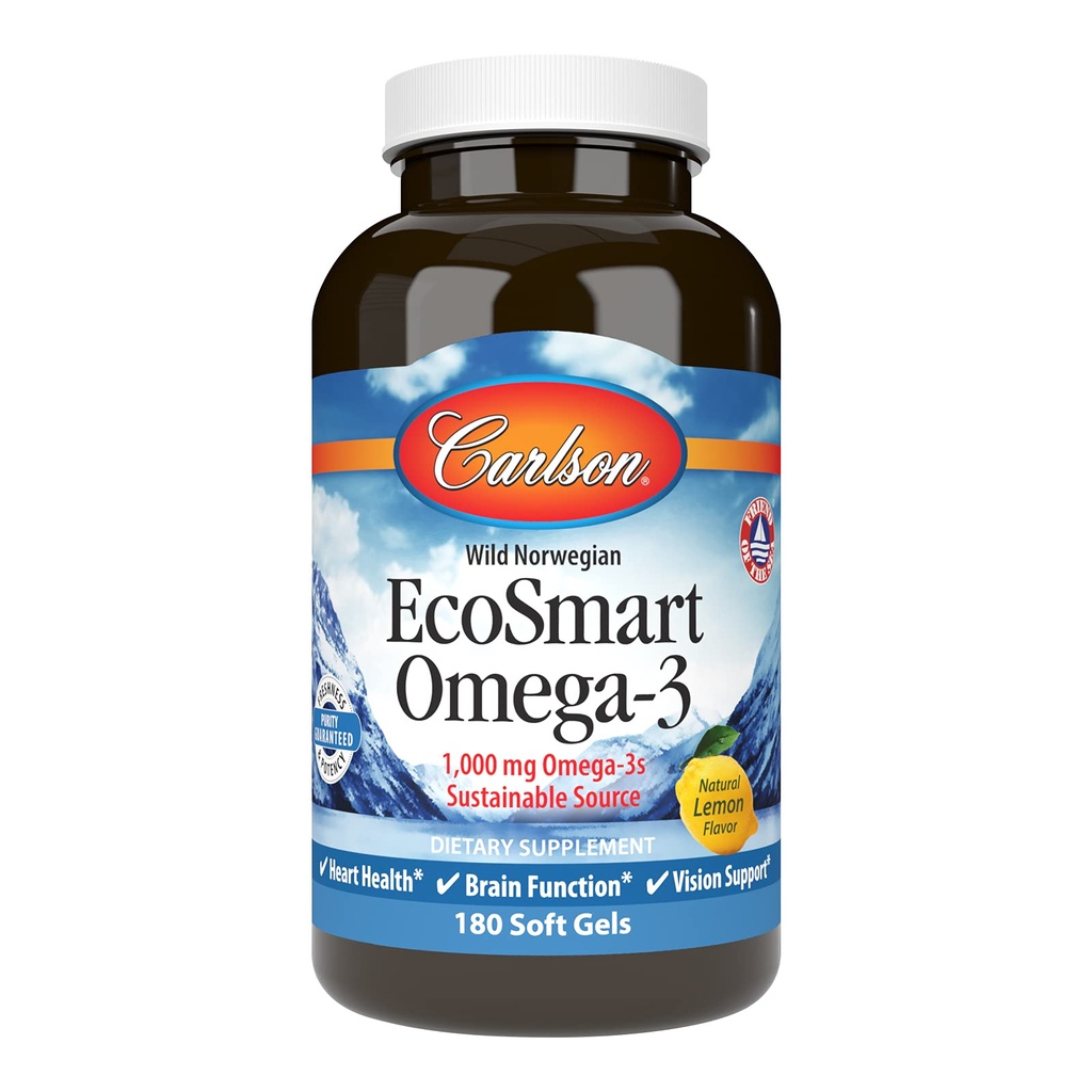 Carlson - EcoSmart Omega-3, 1000 mg Omega-3, Sorgente sostenibile, Salute del cuore, Funzione cerebrale & Vision Support, Limone, 180 Softgels