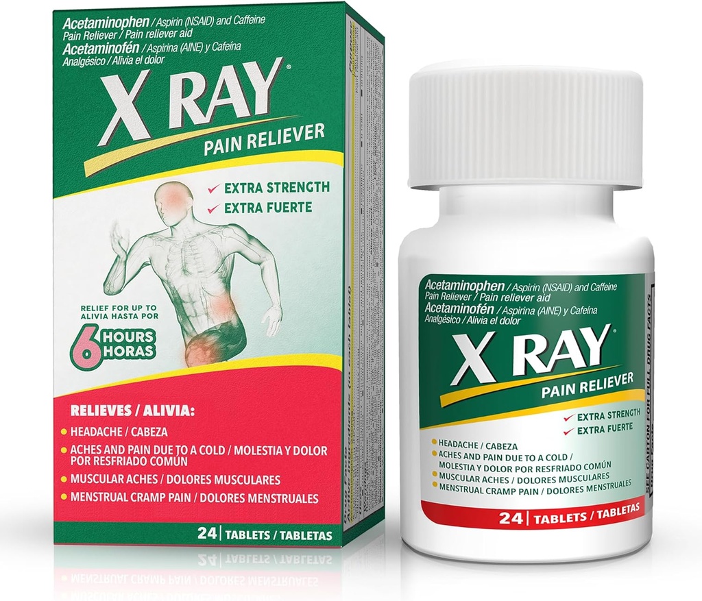 X RAY Rilievo di dolore ad alta resistenza: Acetaminophen 500 mg, Aspirina, Caffeina - 24 compresse Ogni, Formula potente per la migraina, mal di testa e sollievo di dolore alla schiena, riduce l'infiammazione