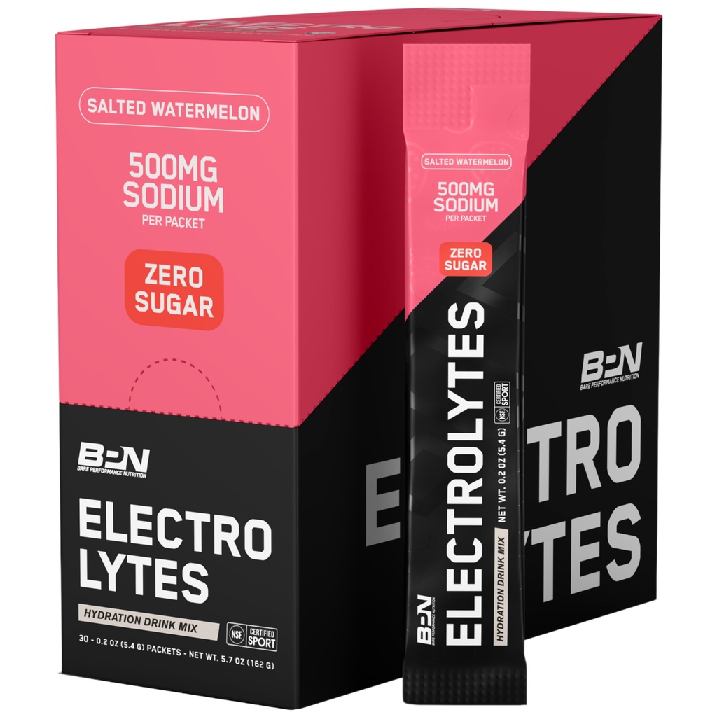 BARE PERFORMANCE NUTRITION BPN Electrolytes Go Packs Hydration Drink Mix | Polvere di elettrolita senza zucchero | 500mg Sodio per porzione | Anguria salata naturale | 30 Serve