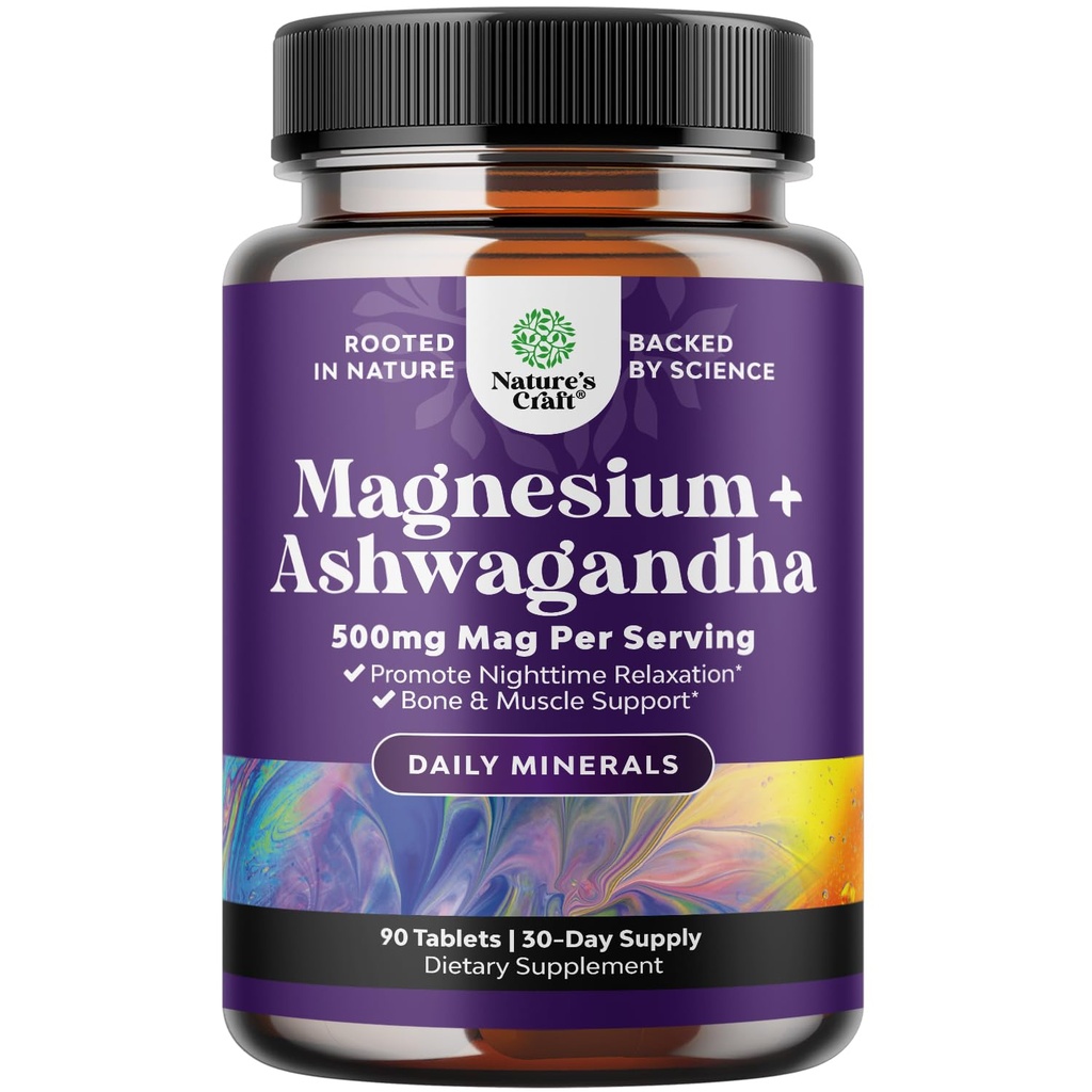 Pure Calm Rilassante Magnesio Glycinate Supplemento con Ashwagandha - Magnesio per supporto e riposo di stress per gli adulti - Tavole ad alto assorbimento per il supporto Bone & Crampi muscolari - 90 Conte