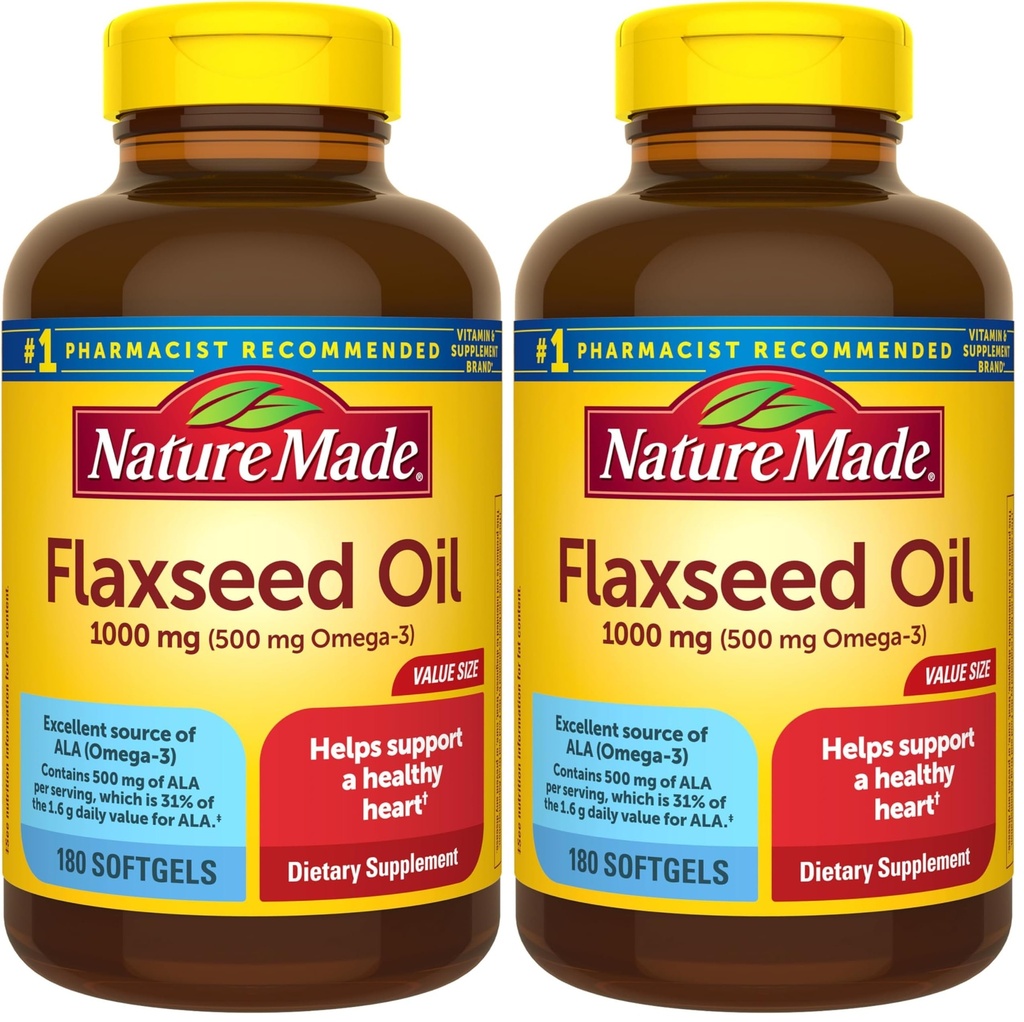 Olio di semi di lino naturale 1000 mg, Integratore alimentare per il supporto della salute del cuore, 180 Softgels (Pack of 2)