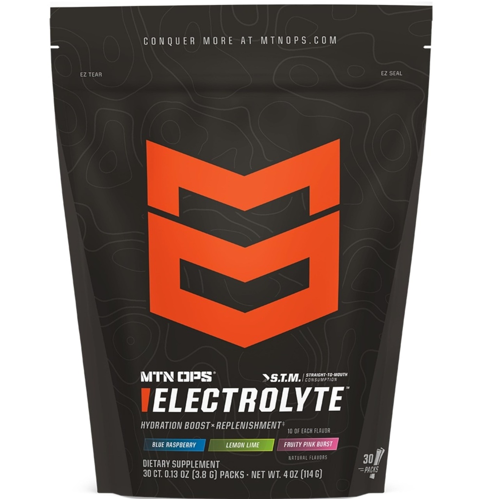 MTN OPS Electrolytes Powder Packets, Confezioni di idratazione senza zucchero, Polvere di idratazione senza glutine, Electrolyte Packets STM “Straight to Mouth” - Varietà Pack di 3 aromi, 30 confezioni